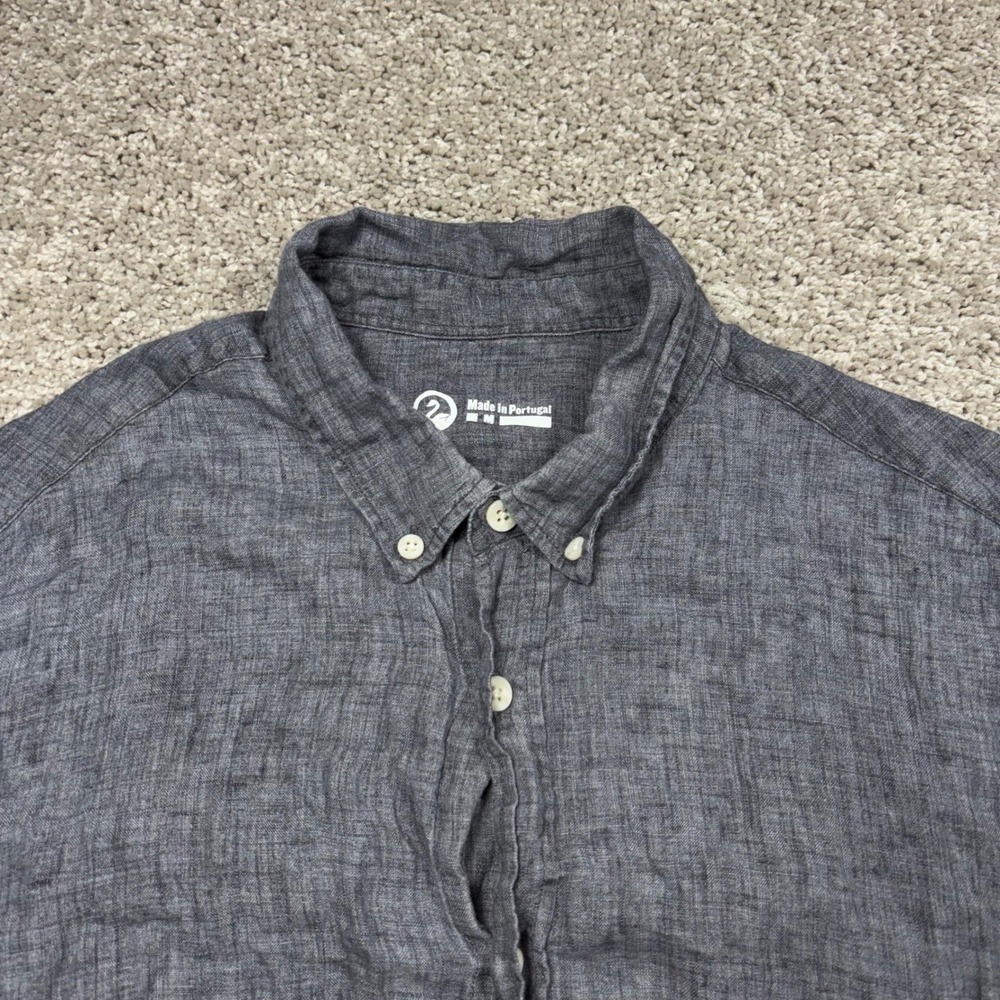 Outlier Mens Gray Purple 100% Linen Short Sleeve Button Down Shirt M Breezy